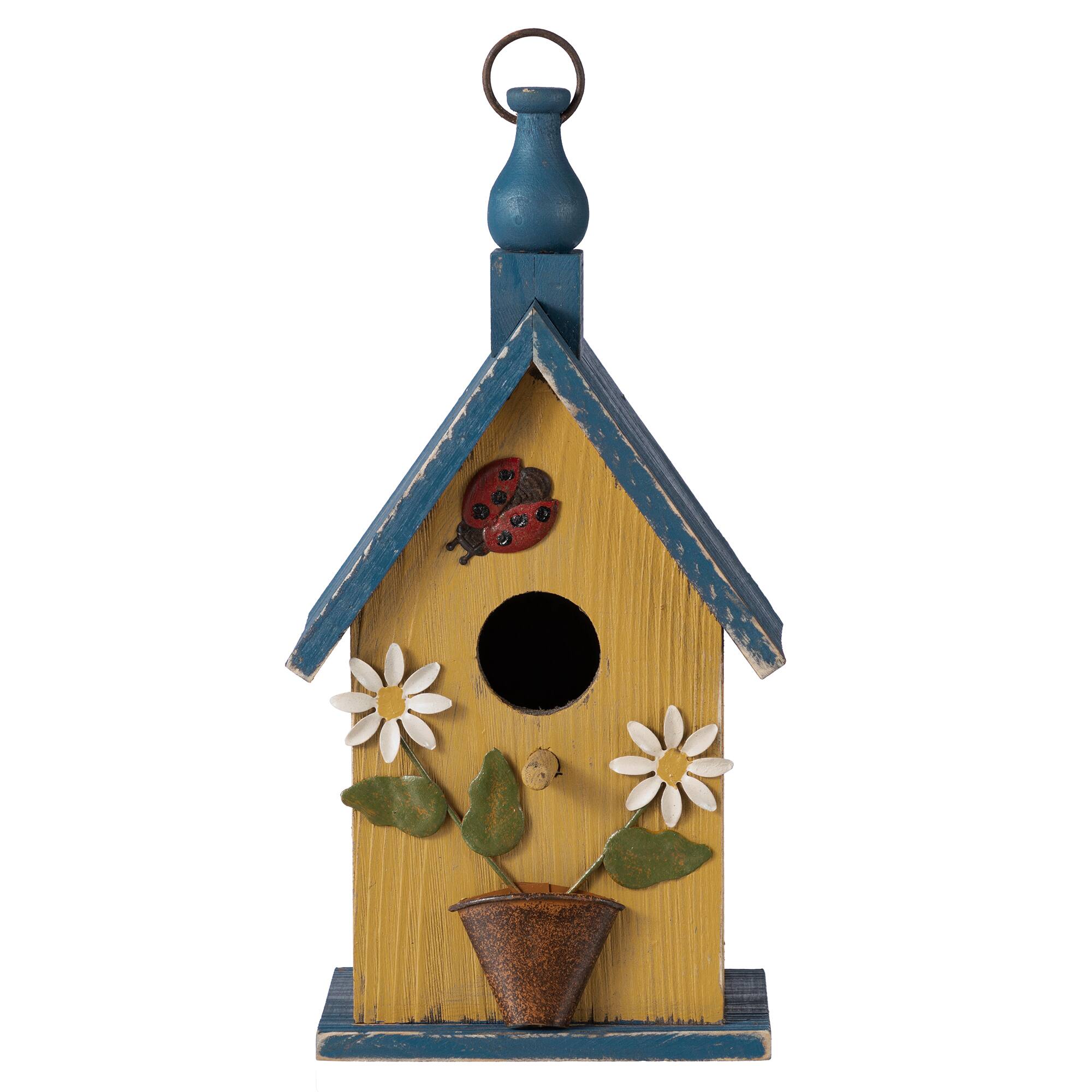 Glitzhome® 12.25" Washed Yellow Distressed Wood Cottage Birdhouse With Bees & Flowers